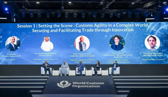 Opening conference with Ian Saunders, Secretary General of WCO; Rashed Al Mansoori, Director General of Abu Dabi Customs; Bashir Adewale Adeniyi, General of Customs of Nigeria Customs Service and WCO Council Chairperson; Marion Jansen, Director of the Trade and Agricultural Directorate at the Organisation for Economic Co-operation and Development (OECD); and Pierre-Antoine Champin, Principal Data Strategist at the World Wide Web Consortium.